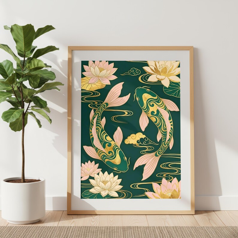 Koi Fish Poster | Feng Shui Wall Art | Emerald Green & Gold Asian Decor | Chinoiserie Lotus Print | Yin Yang Prosperity Gift | Zen Art image 4
