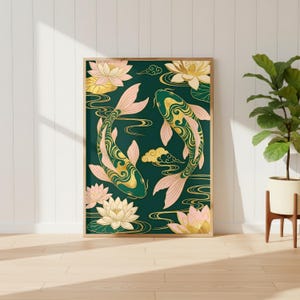 Koi Fish Poster | Feng Shui Wall Art | Emerald Green & Gold Asian Decor | Chinoiserie Lotus Print | Yin Yang Prosperity Gift | Zen Art image 5