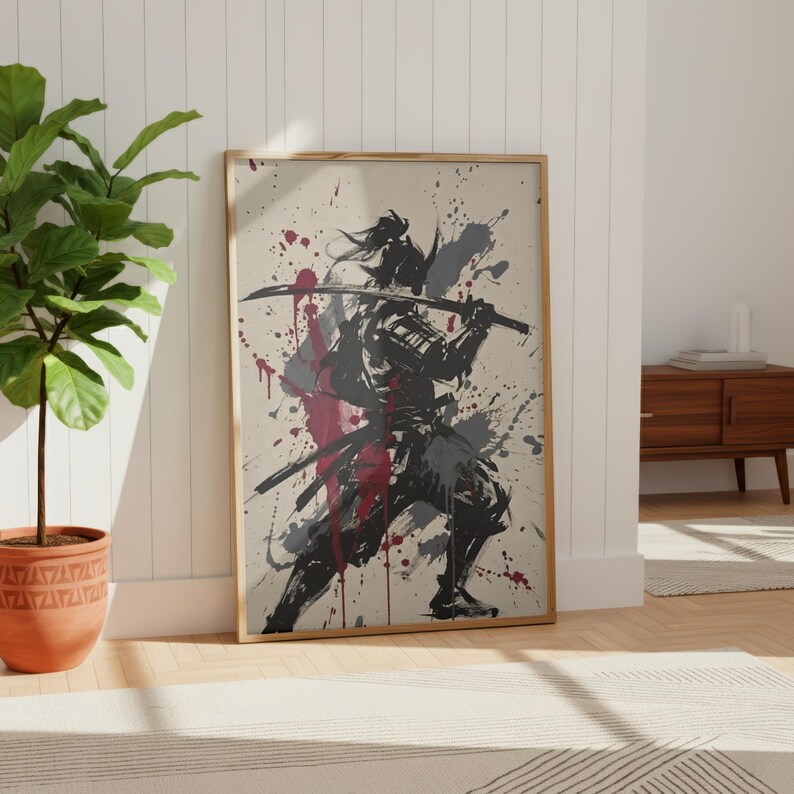 Samurai Splatter Art Poster | Japanese Warrior | Sumi-e Ink Style | Red Black Katana Decor | Premium Physical Print | Giclee image 9