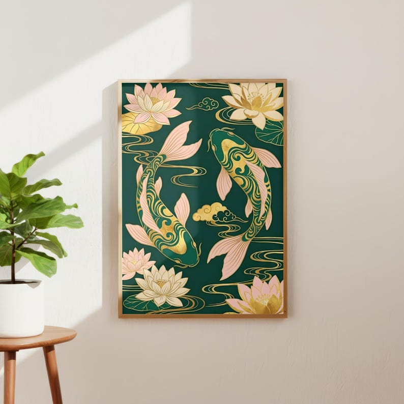 Koi Fish Poster | Feng Shui Wall Art | Emerald Green & Gold Asian Decor | Chinoiserie Lotus Print | Yin Yang Prosperity Gift | Zen Art image 7