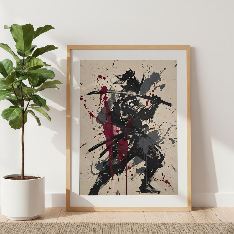 Samurai Splatter Art Poster | Japanese Warrior | Sumi-e Ink Style | Red ...