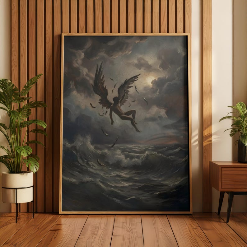 Fall of Icarus Poster | Greek Mythology Art | Dark Academia Decor | Moody Ocean Print | Renaissance Style | Premium Physical Giclée Print image 1