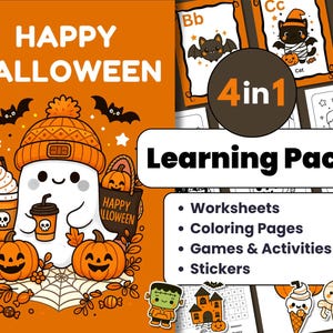 Op de afbeelding: Een Halloween-leerpakket met de tekst "Happy Halloween". De afbeelding toont een cartoongeest met pompoenen, vleermuizen en de tekst "4 in 1 Learning Pack". Bevat werkbladen, kleurplaten, spelletjes en stickers.