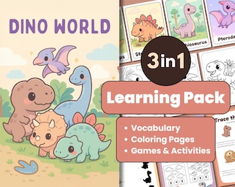 Puede incluir: Un colorido paquete de aprendizaje "Dino World" con dinosaurios de dibujos animados. El paquete incluye vocabulario, páginas para colorear y juegos y actividades. La imagen muestra varios dinosaurios, incluyendo un T-Rex, Triceratops y Estegosaurio.