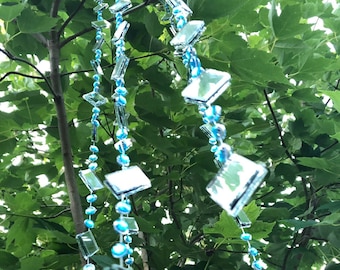 Sun catcher garden art, mirror strings w/ turquoise rhinestones, outdoor decoration, teacher gift, gift for gardener, zen garden, boho