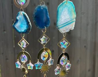 Tree Jewelry sun catchers with slices of natural agates and crystal prisms, outdoor decoration, zen boho garden art, gift for minimalists