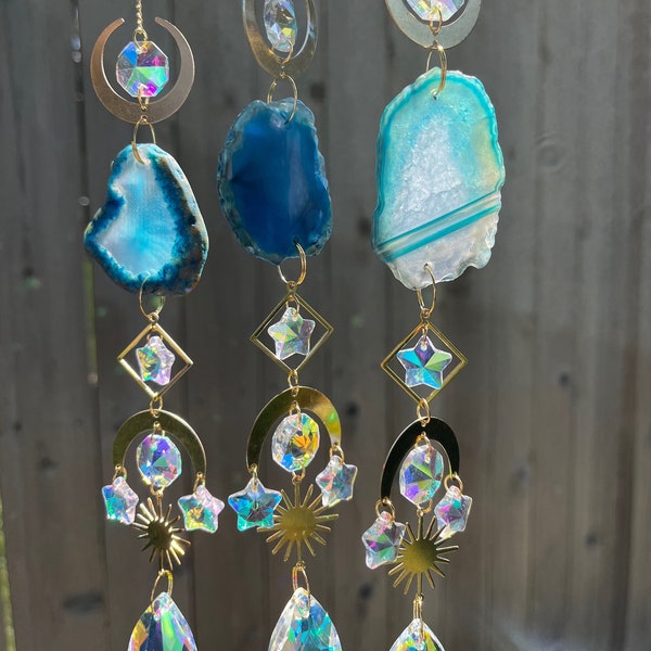 Tree Jewelry sun catchers with slices of natural agates and crystal prisms, outdoor decoration, zen boho garden art, gift for minimalists