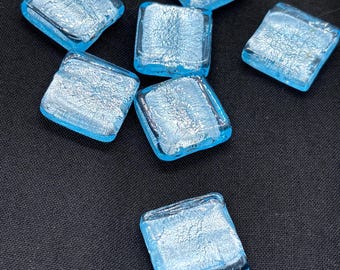 Glass beads, ICE BLUE, 7 pieces, 3/4" x 3/4" square