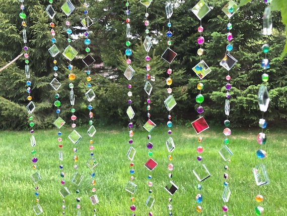 Sun catcher for garden, whimsical outdoor party decor, handmade Tree Jewelry™ mirror strings with beads and rhinestone, gift for her