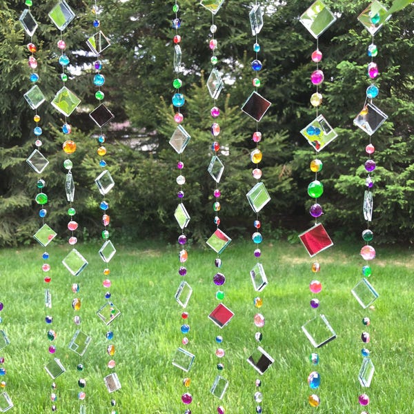 Sun catcher for garden, whimsical outdoor party decor, handmade Tree Jewelry™ mirror strings with beads and rhinestone, gift for her