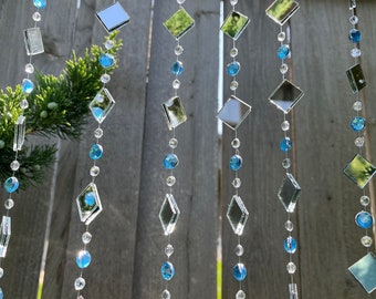 Garden sun catcher in light blue & crystal clear rhinestones, outdoor hanging garden art, mirror strings, garden zen, gift for gardeners,