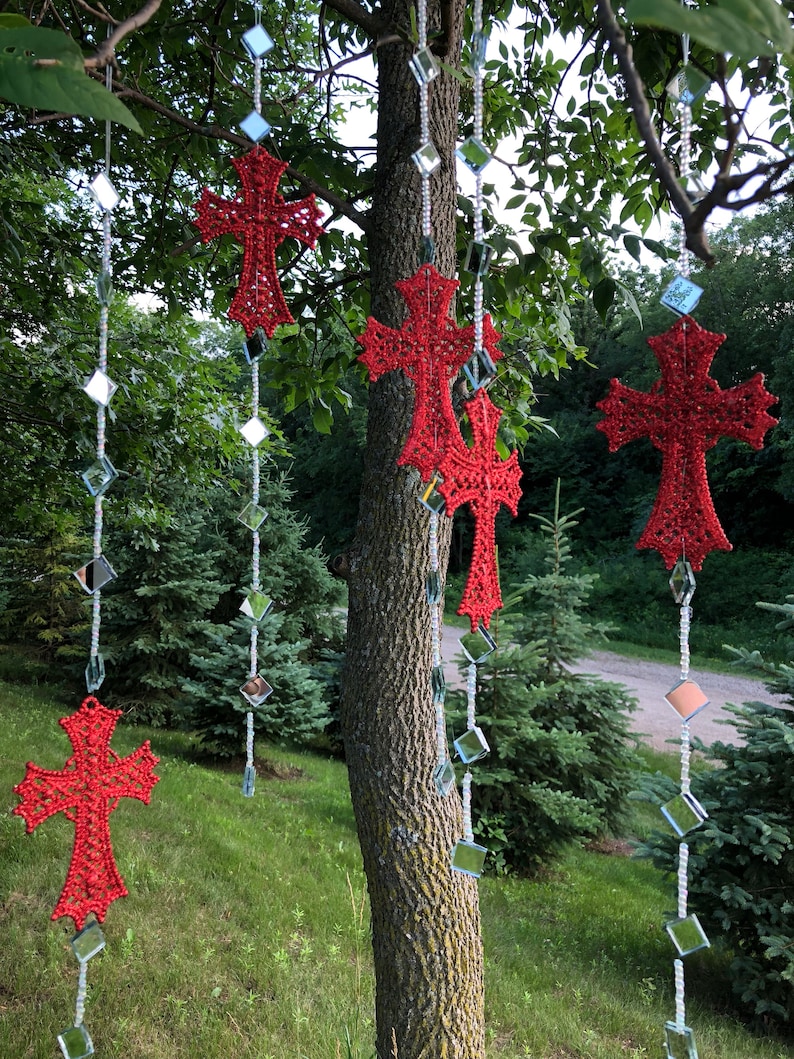 Garden Art Whimsical Sun Catchers with Red Cross and clear rhinestones.