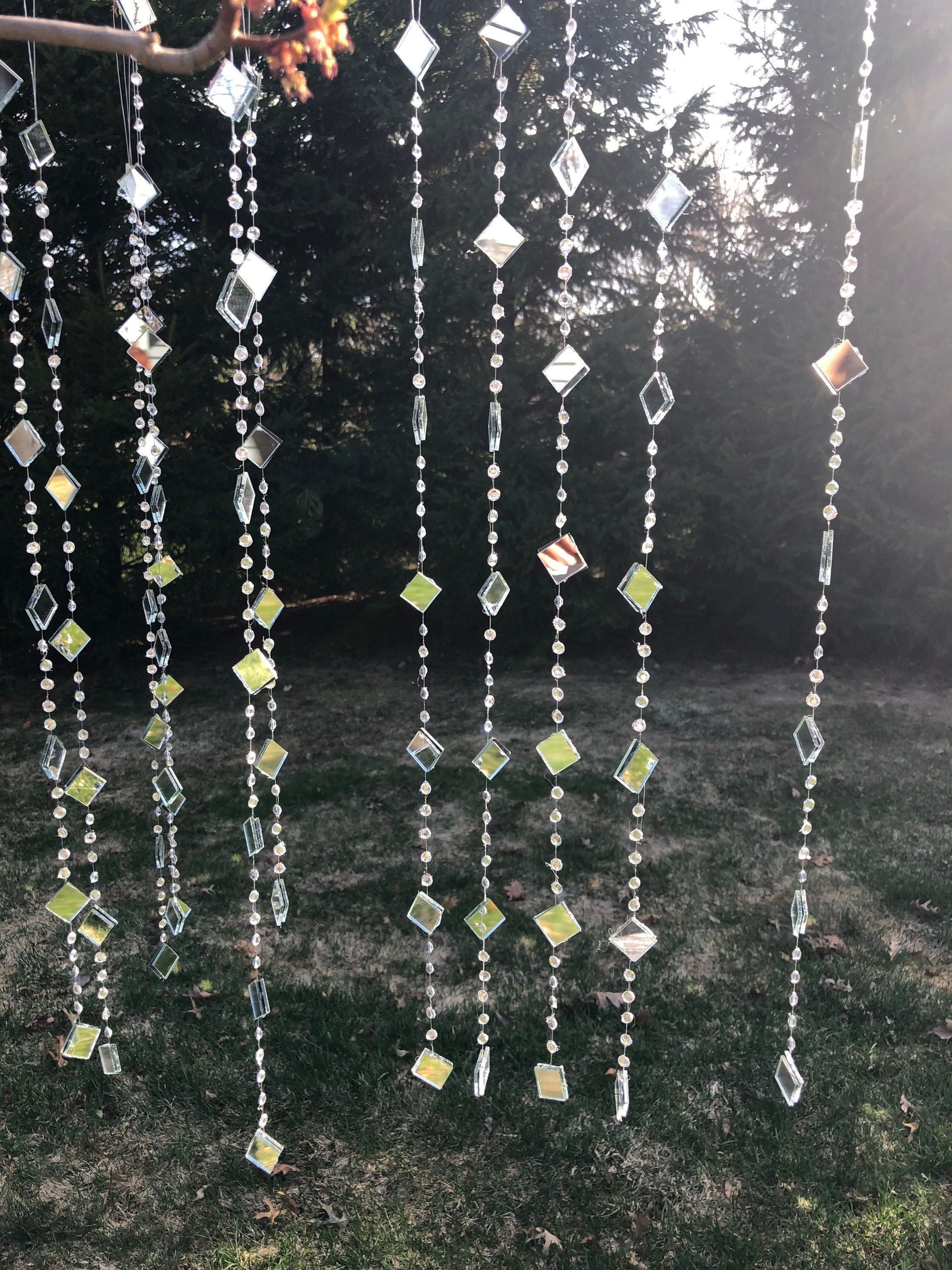 Tree Jewelry™ garden art, sun catchers with mirrors and tiny crystal clear rhinestones, outdoor wedding, party decorations, minimalist gift