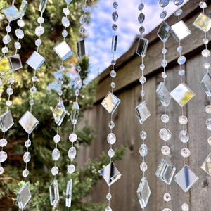Sun Catcher with clear rhinestones and mirrors, handmade whimsical hanging garden strings,  outdoor party wedding decorations