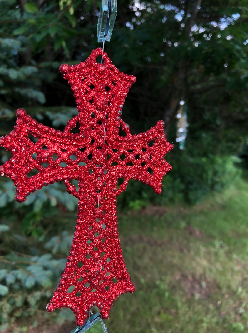Garden Art Whimsical Sun Catchers with Red Cross and clear rhinestones.