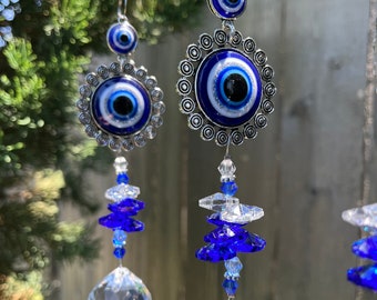 Evil Eye Car Ornament: Silver Boho Garden Decor with Crystal