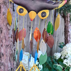 Owl wind chime, retro wise old owl with feathers, sun catcher for porch deck, gift for minimalist, Christmas gift, bird lovers,  nature