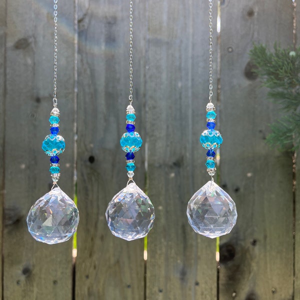 Crystal sun catcher garden art with shades of blue, perfect car ornament & zen garden decor, minimalist gift, ready to gift, free wrapping