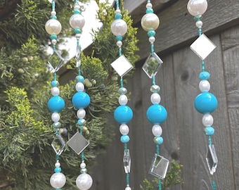 Beaded Mirror Sun Catcher strands,   turquoise with white, garden decor