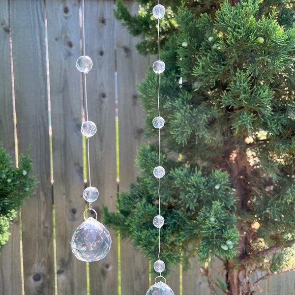 Crystal balls strung on galvanized wire for outdoor decor, wedding decor, Garden art crystal prisms, bird deflector, Tree Jewelry yard art