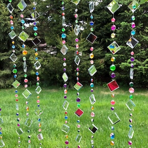 Sun catcher for garden, whimsical outdoor party decor, handmade Tree Jewelry™ mirror strings with beads and rhinestone, gift for her