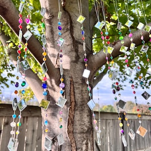 Sun catcher for garden, whimsical outdoor party decor, handmade Tree Jewelry™ mirror strings with beads and rhinestone, gift for her