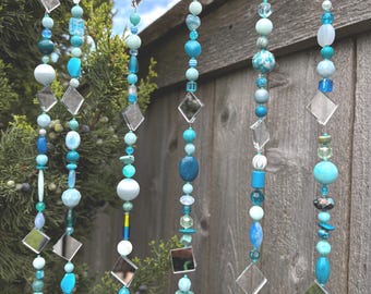 Beaded Mirror Sun Catchers in all turquoise, garden decoration, outdoor party decor,