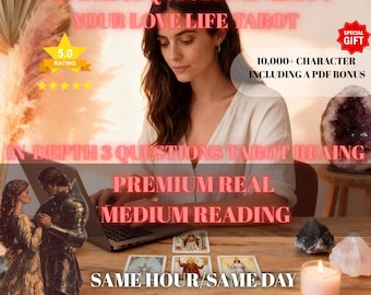 May include: A woman using a laptop with tarot cards on a wooden table. The image includes text that reads "3 Specific Questions About Your Love Life Tarot", "In Depth 3 Questions Tarot Reading", and "Premium Real Medium Reading". A candle and crystals are also visible.