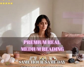 May include: A person with dark hair wearing a light-colored top sits at a wooden table with three tarot cards, two lit candles, and several raw crystals. Text overlays read: PREMIUM REAL MEDIUM READING, SAME HOUR/SAME DAY, PREMIUM DETAILED 3 QUESTION TAROT READING.