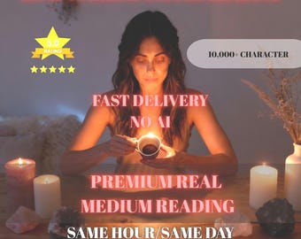 May include: A woman holding a cup of coffee, with text that reads "REAL TURKISH COFFEE READING". The image includes lit candles, crystals, and the text "FAST DELIVERY NO AI". Additional text includes "PREMIUM REAL MEDIUM READING" and "SAME HOUR/SAME DAY".