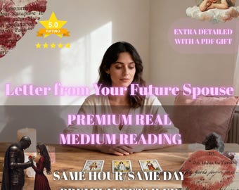May include: A woman sits at a wooden table with tarot cards, candles, and decorative items. Text on the image reads "Letter from Your Future Spouse," "Premium Real Medium Reading," and "Same Hour/Same Day."