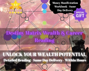 May include: An image with a pink and purple background features a geometric design with colorful circles and lines. Text includes "Destiny Matrix Wealth & Career Reading" and "Unlock Your Wealth Potential." A star rating and text about a free workbook are also present.