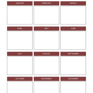 May include: An annual project calendar with a white background and a grid of twelve rectangular boxes, each labeled with a month. The title "ANNUAL PROJECT CALENDAR" is at the top in bold, black text. The month labels are in a dark red-brown color.