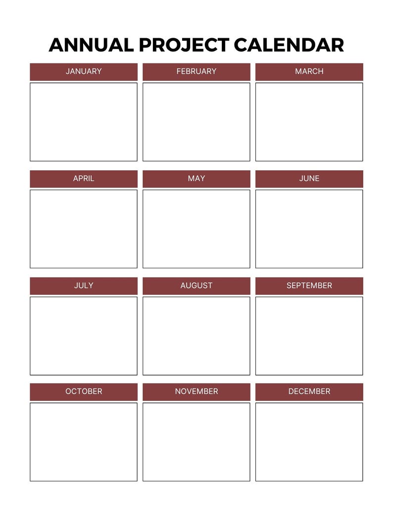 May include: An annual project calendar with a white background and a grid of twelve rectangular boxes, each labeled with a month. The title "ANNUAL PROJECT CALENDAR" is at the top in bold, black text. The month labels are in a dark red-brown color.