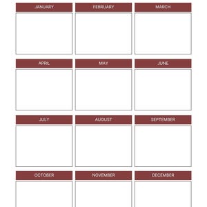 May include: A white Home Maintenance Calendar with a dark red header for each month. The calendar has 12 months, each with a blank space for notes. The text "HOME MAINTENANCE CALENDAR" is at the top.