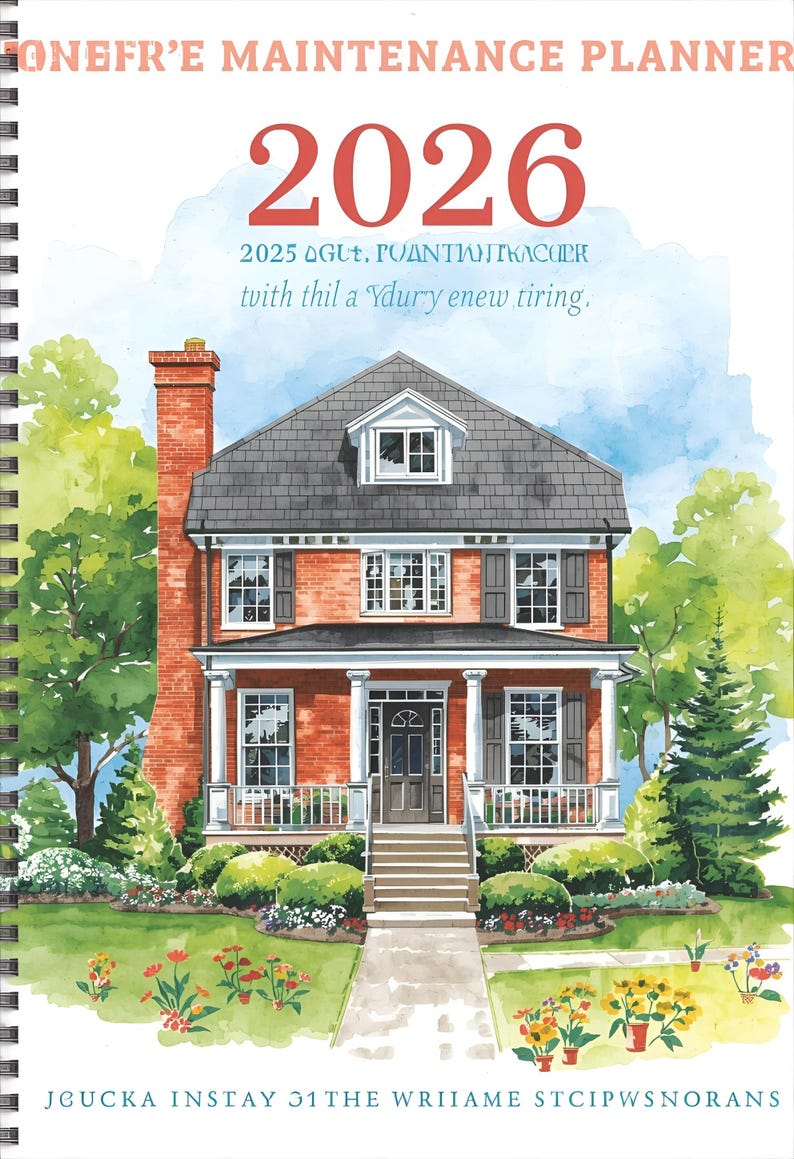 May include: A spiral-bound planner with a watercolor illustration of a house. The cover reads "ONEFR'E MAINTENANCE PLANNER" and "2026" in large red letters. The image includes text that reads "2025 AGUT. PUANTUNIKACURR tvith thil a Ydury enew tiring."