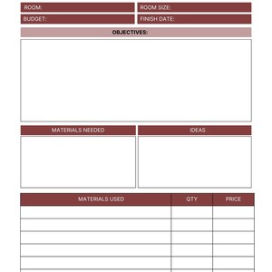 May include: A white room renovation planner with burgundy headers and text. The planner includes sections for room details, budget, objectives, materials, and ideas. The title "ROOM RENOVATION" is at the top.