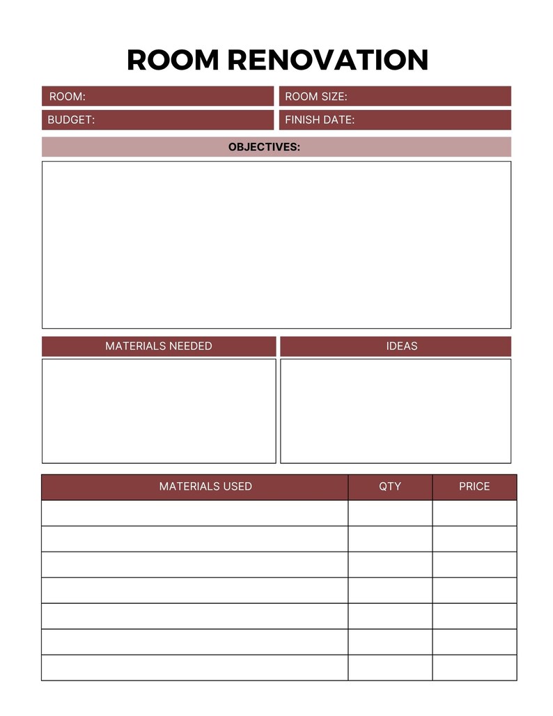 May include: A white room renovation planner with burgundy headers and text. The planner includes sections for room details, budget, objectives, materials, and ideas. The title "ROOM RENOVATION" is at the top.