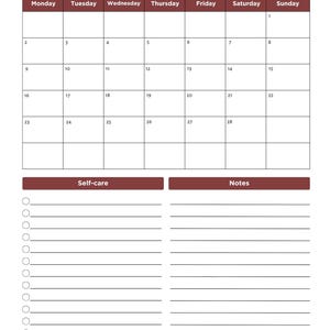 May include: A white and burgundy 2026 February calendar with a weekly layout. The calendar includes sections for self-care and notes. The month and year are displayed at the top in bold, dark text.