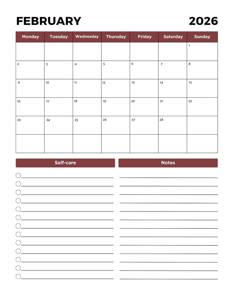 May include: A white and burgundy 2026 February calendar with a weekly layout. The calendar includes sections for self-care and notes. The month and year are displayed at the top in bold, dark text.