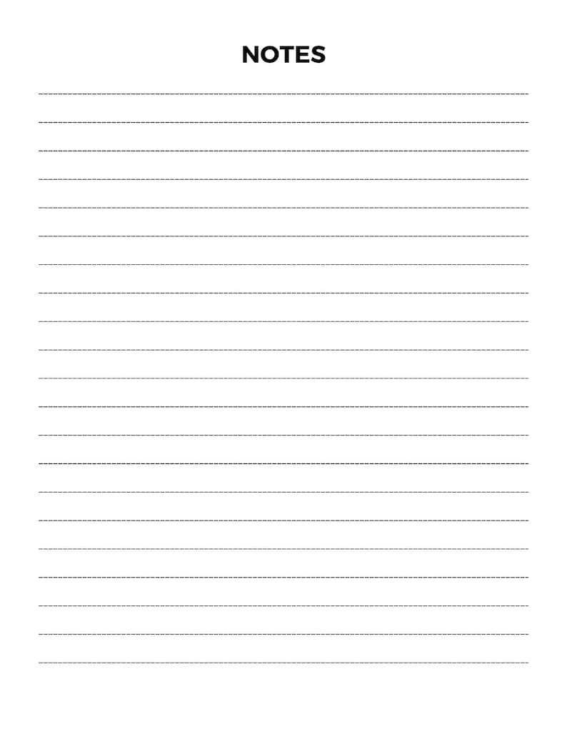 May include: A white notepad with horizontal, dashed lines for writing. The word "NOTES" is printed in black at the top. The notepad is designed for taking notes, journaling, or making lists.