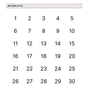 May include: A white printable calendar titled "NO SPEND CHALLENGE" with a space to write a goal. The calendar has 30 numbered boxes for tracking daily progress. The text "MY GOAL IS TO:" is above the numbered boxes.