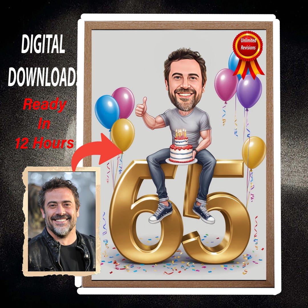 Custom 65th Man Cartoon Portrait, 65th Birthday Caricature, Birthday ...