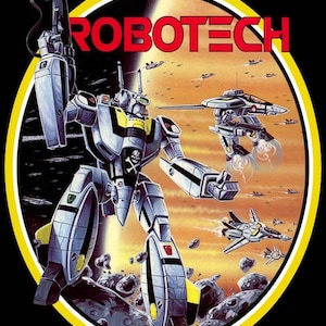 May include: A vintage poster featuring a large, detailed robot holding a gun, with the word "ROBOTECH" in red. The robot has a skull and crossbones emblem. Other fighter jets and space rocks are in the background, with a yellow and black border.