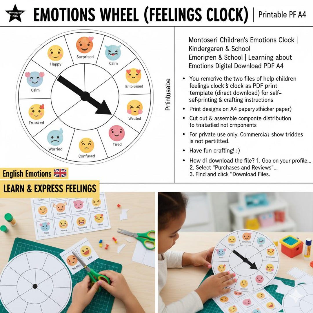 Printable Emotions Wheel Activity Set, Kids Feelings Clock (digital ...