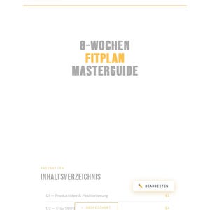 Könnte beinhalten: Ein weißes Dokument mit dem Titel "8-WOCHEN FITPLAN MASTERGUIDE" in Grau und Gelb. Das Dokument enthält ein Inhaltsverzeichnis mit Abschnitten zu Produktideen, Etsy SEO und einem 8-Wochen-Trainingsplan. Die Worte "FITPLAN PRO" stehen oben.