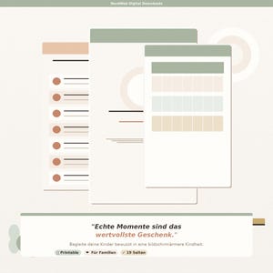 Könnte beinhalten: Digitaler Download mit minimalistischem Design in sanften Grün-, Beige- und Pfirsichtönen. Das Design umfasst geschichtete rechteckige Elemente, Kreisformen und den Text "Echte Momente sind das wertvollste Geschenk."