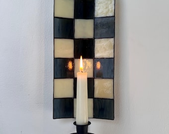 Blue & Cream Checkered Stained Glass Candle Wall Sconce