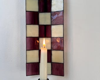 Purple & Cream Checkered Stained Glass Candle Wall Sconce