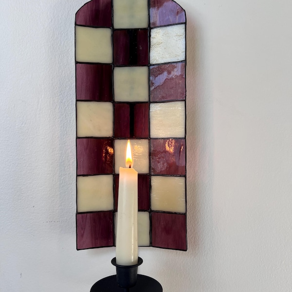 Purple Checkered Stained Glass Candle Wall Sconce